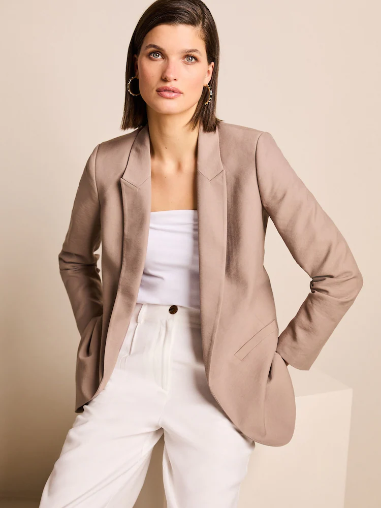 Beige-Brown Loose-Fit Blazer, No Fastener